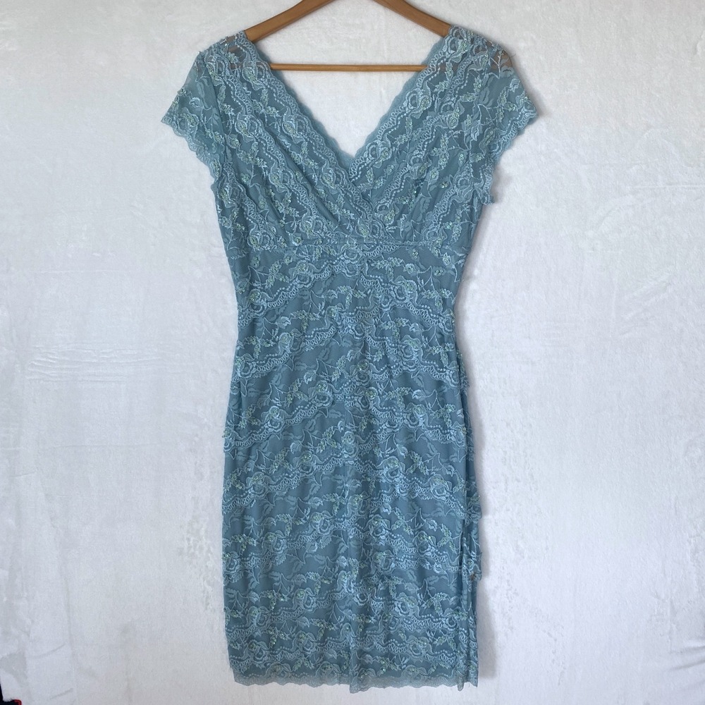 Marina Blue Lace Sequin V Neck Cap Sleeve Sheath Dress Women Size S/M *Stained